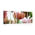 5-PIECE CANVAS PRINT MEADOW OF TULIPS IN RETRO STYLE - PICTURES FLOWERS{% if product.category.pathNames[0] != product.category.name %} - PICTURES{% endif %}