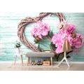 WALL MURAL PEONIES ON A WOODEN HEART - WALLPAPERS VINTAGE AND RETRO - WALLPAPERS