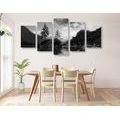 5-PIECE CANVAS PRINT BLACK AND WHITE MOUNTAIN LANDSCAPE BY THE LAKE - BLACK AND WHITE PICTURES - PICTURES