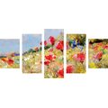 QUADRO IN 5 PARTI PAPAVERI PITTURATI NEL PRATO - QUADRI DI NATURA E PAESAGGIO - QUADRI