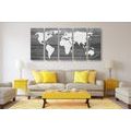 5-PIECE CANVAS PRINT BLACK AND WHITE WORLD MAP WITH A WOODEN BACKGROUND - PICTURES OF MAPS - PICTURES