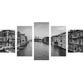 5-TEILIGES WANDBILD BERÜHMTER KANAL IN VENEDIG IN SCHWARZ-WEISS - SCHWARZ-WEISSE BILDER - BILDER