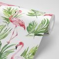 TAPET FLAMINGO DE ACUARELĂ CU FRUNZE - TAPETE PĂSĂRI - TAPETURI