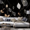 FOTOTAPET FRUNZE AURII ȘI ALBE PE NEGRU - TAPETE FRUNZE - TAPETURI