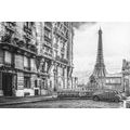 WALLPAPER BLACK AND WHITE EIFFEL TOWER FROM A STREET OF PARIS - BLACK AND WHITE WALLPAPERS - WALLPAPERS