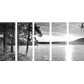 IMPRESSION SUR TOILE EN 5 PARTIES COUCHER DE SOLEIL SUR LE LAC EN NOIR ET BLANC - IMPRESSIONS SUR TOILE NOIR ET BLANC - IMPRESSION SUR TOILE