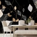 FOTOTAPET FRUNZE AURII ȘI ALBE PE NEGRU - TAPETE FRUNZE - TAPETURI