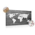 DECORATIVE PINBOARD BLACK AND WHITE WORLD MAP WITH A WOODEN BACKGROUND - PICTURES ON CORK - PICTURES