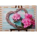 TABLEAU SUR TOILE – PIVOINES SUR UN CŒUR EN BOIS - TABLEAUX D'AMOUR - TABLEAUX