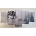 5-PIECE CANVAS PRINT WOLF IN A SNOWY LANDSCAPE IN BLACK AND WHITE - BLACK AND WHITE PICTURES - PICTURES