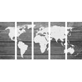 5-PIECE CANVAS PRINT BLACK AND WHITE WORLD MAP WITH A WOODEN BACKGROUND - PICTURES OF MAPS - PICTURES