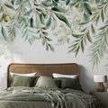 PAPIER PEINT PANORAMIQUE ADHÉSIF – BRANCHES D'OLIVIER VERTES SUR FOND BLANC - PAPIER PEINT FEUILLES - PAPIERS PEINTS PANORAMIQUES