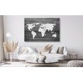 DECORATIVE PINBOARD BLACK AND WHITE WORLD MAP WITH A WOODEN BACKGROUND - PICTURES ON CORK - PICTURES