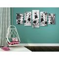 5-PIECE CANVAS PRINT BLACK AND WHITE FLOWERS ON AN ABSTRACT BACKGROUND - BLACK AND WHITE PICTURES - PICTURES