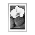 POSTER WITH MOUNT WELLNESS STONES AND AN ORCHID ON A WOODEN BACKGROUND IN BLACK AND WHITE - BLACK AND WHITE - POSTERS