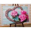 CANVAS PRINT PEONIES ON A WOODEN HEART - PICTURES LOVE - PICTURES