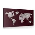 CANVAS PRINT HATCHED MAP OF THE WORLD ON A BURGUNDY BACKGROUND - PICTURES OF MAPS - PICTURES