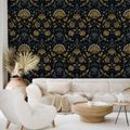 TAPETE GOLDENE BLUMEN AUF DUNKLEM HINTERGRUND - GEMUSTERTE TAPETEN - TAPETEN