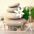 WALL MURAL WHITE FLOWER AND STONES IN THE SAND - WALLPAPERS FENG SHUI - WALLPAPERS