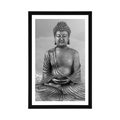 POSTER MIT PASSEPARTOUT BUDDHA-STATUE IN MEDITIERENDER POSITION IN SCHWARZ-WEISS - SCHWARZ-WEISS - POSTER