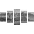 TABLEAU EN 5 PARTIES – ÉGLISE AU LAC BLED EN SLOVÉNIE EN NOIR ET BLANC - TABLEAUX EN NOIR ET BLANC - TABLEAUX