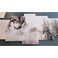 5-TEILIGES WANDBILD WOLF IN VERSCHNEITER LANDSCHAFT IN SCHWARZ-WEISS - SCHWARZ-WEISSE BILDER - BILDER