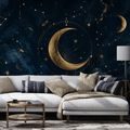 ZELFKLEVEND FOTOBEHANG GOUDEN MAAN EN STERREN AAN DONKERBLAUWE HEMEL - FOTOBEHANG RUIMTE EN STERREN - FOTOBEHANG