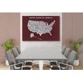 DECORATIVE PINBOARD EDUCATIONAL MAP OF THE USA WITH A BURGUNDY BACKGROUND - PICTURES ON CORK - PICTURES