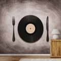 FOTOTAPETE VINYLPLATTE MIT BESTECK - MUSIK FOTOTAPETEN - TAPETEN