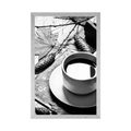 POSTER CUP OF COFFEE IN AN AUTUMN MOOD IN BLACK AND WHITE - BLACK AND WHITE - POSTERS