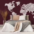 SELF ADHESIVE WALLPAPER HATCHED WORLD MAP ON A BURGUNDY BACKGROUND - SELF-ADHESIVE WALLPAPERS - WALLPAPERS