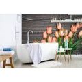 WALL MURAL ORANGE TULIPS ON A WOODEN BACKGROUND - WALLPAPERS FLOWERS - WALLPAPERS