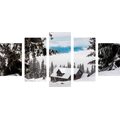 5-PIECE CANVAS PRINT WOODEN HOUSE NEAR SNOWY PINES - PICTURES OF NATURE AND LANDSCAPE - PICTURES