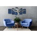QUADRI 5 PEZZI – ALBERO ASTRATTO SU LEGNO CON CONTRASTO BLU - QUADRI ALBERI DELLA VITA - STAMPE E QUADRI