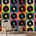TAPETE RETRO VINYLPLATTEN AUF BUNTEM HINTERGRUND - MUSIK FOTOTAPETEN - TAPETEN