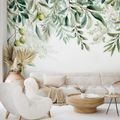 PAPIER PEINT PANORAMIQUE ADHÉSIF – BRANCHES D'OLIVIER VERTES SUR FOND BLANC - PAPIER PEINT FEUILLES - PAPIERS PEINTS PANORAMIQUES