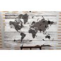 CANVAS PRINT BLACK AND WHITE MAP ON A WOODEN BASE - PICTURES OF MAPS - PICTURES