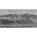 CANVAS PRINT CHURCH BY LAKE BLED IN SLOVENIA IN BLACK AND WHITE - BLACK AND WHITE PICTURES - PICTURES