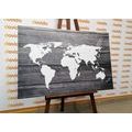 CANVAS PRINT BLACK AND WHITE WORLD MAP WITH A WOODEN BACKGROUND - PICTURES OF MAPS - PICTURES