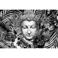 CANVAS PRINT BUDDHA ON AN EXOTIC BACKGROUND IN BLACK AND WHITE - BLACK AND WHITE PICTURES - PICTURES