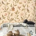 TAPETA VINTAGE KVETY S VTÁČIKMI A BÚDKAMI - TAPETY VTÁKY - TAPETY