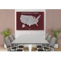 CANVAS PRINT EDUCATIONAL MAP OF THE USA WITH A BURGUNDY BACKGROUND - PICTURES OF MAPS - PICTURES