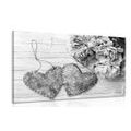 CANVAS PRINT PEONIES AND BIRCH HEARTS IN BLACK AND WHITE - BLACK AND WHITE PICTURES - PICTURES