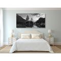 CANVAS PRINT BLACK AND WHITE MOUNTAIN LANDSCAPE BY THE LAKE - BLACK AND WHITE PICTURES - PICTURES