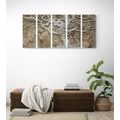 IMPRESSION SUR TOILE EN 5 PARTIES ARBRE ABSTRAIT SUR BOIS DANS UN DESIGN BEIGE - IMPRESSIONS SUR TOILE ARBRES ET FEUILLES - IMPRESSION SUR TOILE