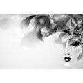 CANVAS PRINT FASHONABLE FEMALE FACE WITH ABSTRACT ELEMENTS IN BLACK AND WHITE - BLACK AND WHITE PICTURES - PICTURES