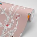 CARTA DA PARATI – UCCELLINI NELLA FORESTA FITTA CON SFONDO ROSA - CARTA DA PARATI ANIMALI - CARTA DA PARATI