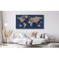 DECORATIVE PINBOARD WORLD MAP WITH A COMPASS IN RETRO STYLE ON A BLUE BACKGROUND - PICTURES ON CORK - PICTURES