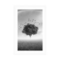 POSTER WITH MOUNT LONELY TREE ON THE MEADOW IN BLACK AND WHITE - BLACK AND WHITE - POSTERS