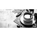 CANVAS PRINT CUP OF COFFEE IN AN AUTUMNAL FEEL IN BLACK AND WHITE - BLACK AND WHITE PICTURES - PICTURES